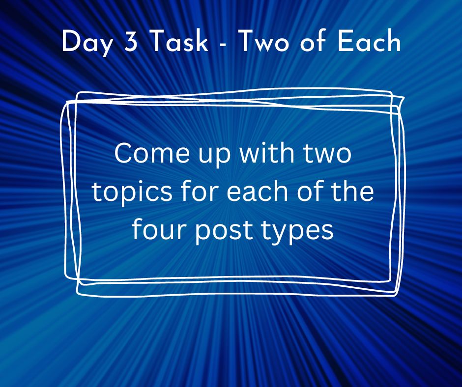 Blog Challenge Task 3 Two of Each come up with two topics for each of the four post types