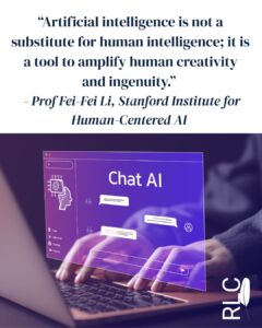 AI human intelligence quote from Professor Fei-Fei Li - "Artificial intelligence is not a substitute for human intelligence; it is a tool to amplify human creativity and ingenuity" with image of hands on a keyboard interacting with purple Chat AI screen